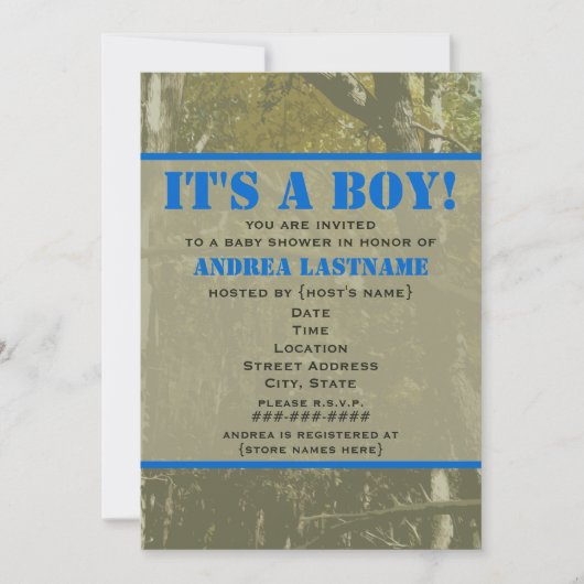 Camouflage & Blue Baby shower Invitation Kaart (Voorkant)