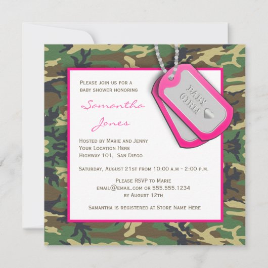 Camouflage/Camo Baby Girl Shower Invite Kaart (Voorkant)
