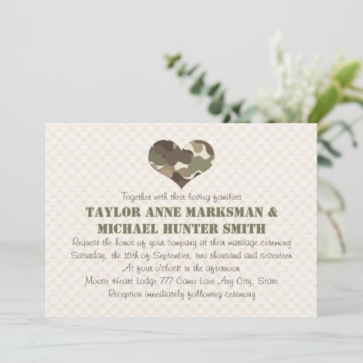 Camouflage Camo Heart Wedding Invitations Kaart (Staand voorkant)