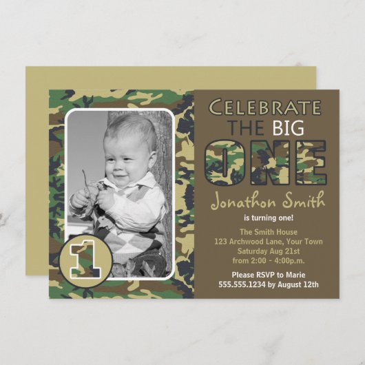 Camouflage / Camo Theme First Birthday Kaart (Voorkant / Achterkant)