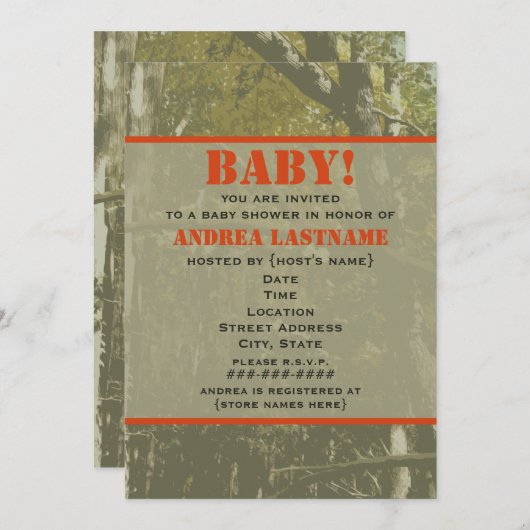 Camouflage en Oranje uitnodiging tot Baby shower (Voorkant / Achterkant)