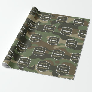 Camouflage Green Camo Army Monogram Birthday Naam Cadeaupapier