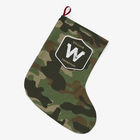 Camouflage Green Camo Army Pattern Monogram Grote Kerstsok (Voorkant (Hangend))