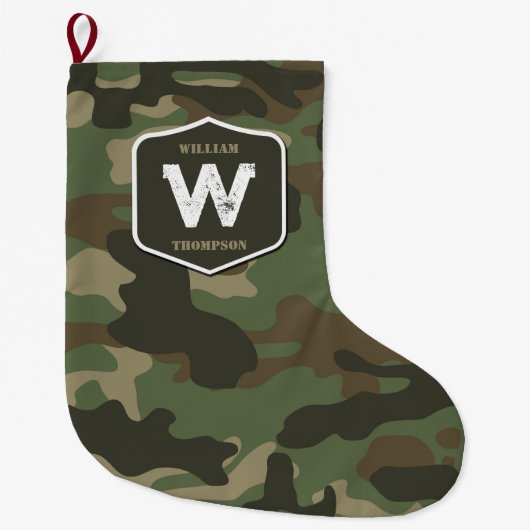 Camouflage Green Camo Army Pattern Monogram Grote Kerstsok (Voorkant)