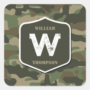 Camouflage Green Camo Army Pattern Monogram Vierkante Sticker