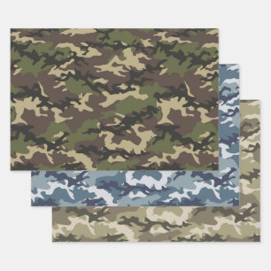 Camouflage, groen, blauw en bruin inpakpapier vel