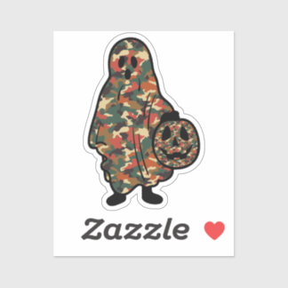 Camouflage Halloween Ghost met Pumpkin Pail Sticker