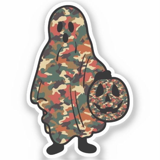 Camouflage Halloween Ghost met Pumpkin Pail Sticker (Voorkant)
