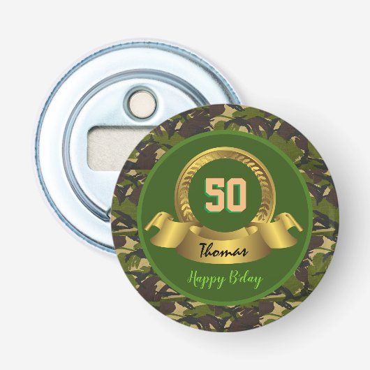 Camouflage legergroen 50th Birthday / hunter party Button Flesopener (Voorkant)