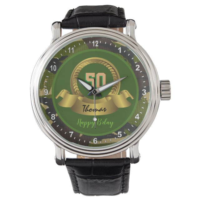 Camouflage legergroen 50th Birthday / hunter party Horloge (Voorkant)