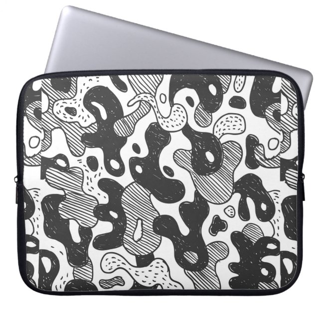 camouflage met abstracte doedelstijl, zwart laptop sleeve (Voorkant)