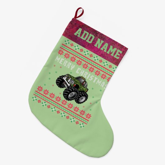 Camouflage Monster Truck Ugly KerstSweater Grote Kerstsok (Voorkant (Hangend))