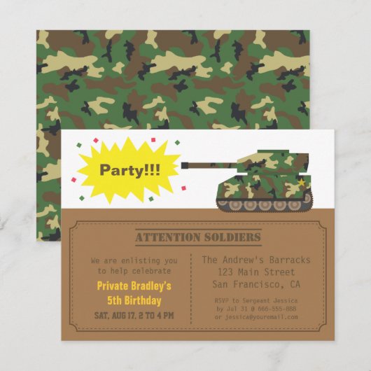 Camouflage Print Tank Boy Birthday Party Kaart (Voorkant / Achterkant)
