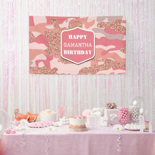 Camouflage Roos Gold Blush Roze Camo Leger Verjaar Spandoek (Feest)