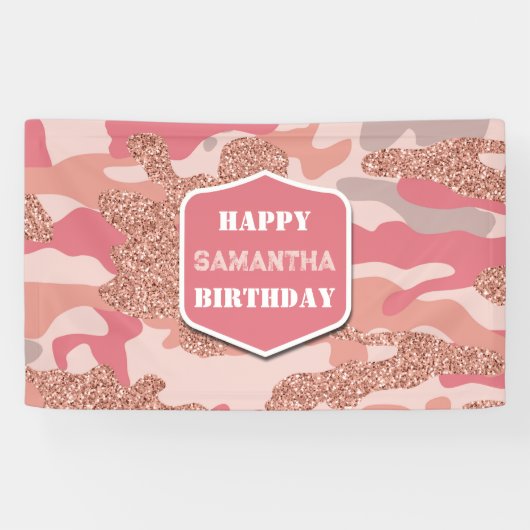 Camouflage Roos Gold Blush Roze Camo Leger Verjaar Spandoek (Horizontaal)