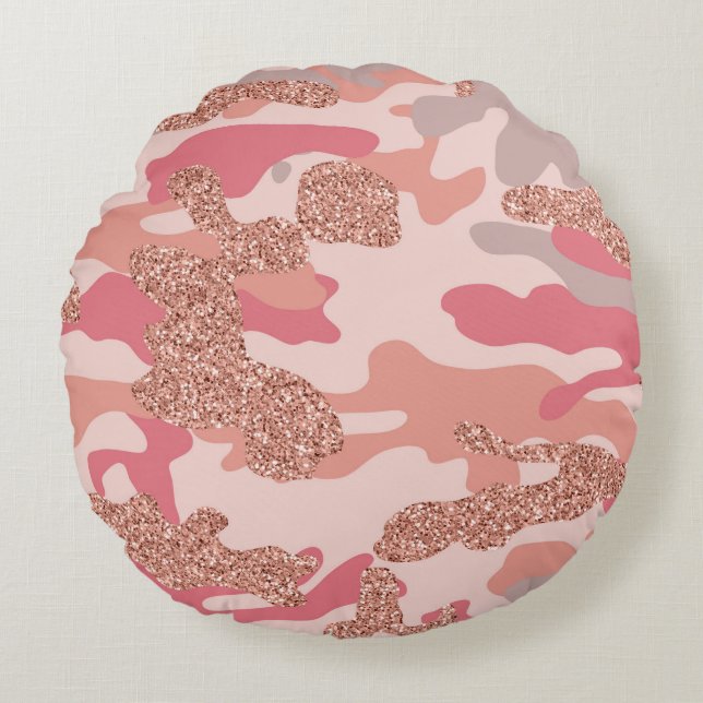 Camouflage Roos Gold Blush Roze Camo Legerpatroon Rond Kussen (Voorkant)
