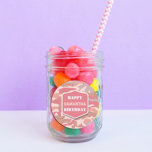 Camouflage Roos Gold Blush Roze Camo Verjaardag Ronde Sticker