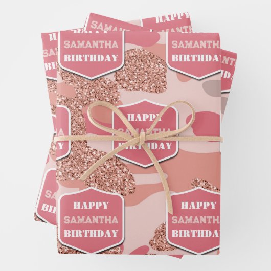 Camouflage Roos Goud Blush Roze Camo Verjaardagsna Inpakpapier Vel (In situ)