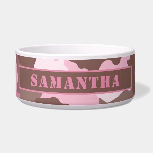 Camouflage Roze Camo Patroon Monogram Voerbakje (Voorkant)