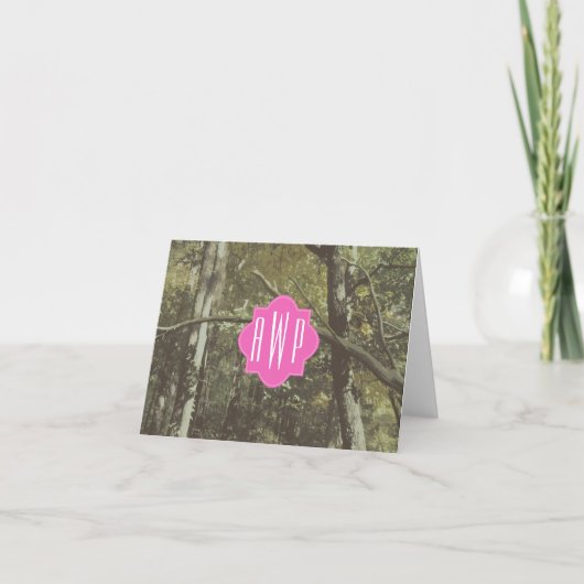Camouflage + roze monogram notitiekaartje (Voorkant)