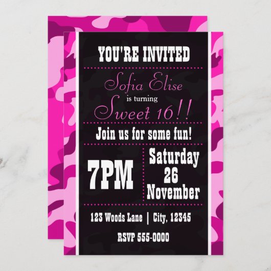 Camouflage Roze & Zwarte Verjaardag Uitnodiging (Voorkant / Achterkant)