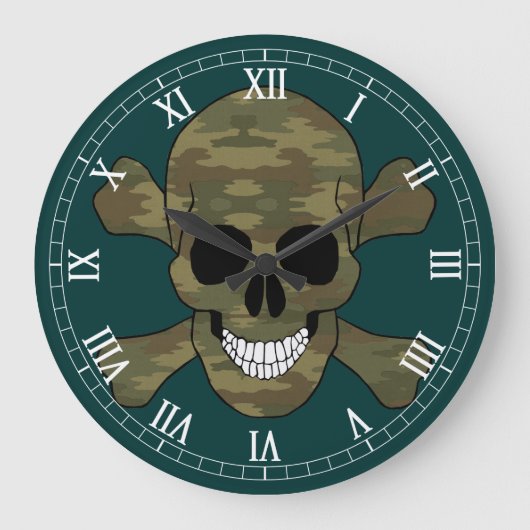 Camouflage Skull en Crossbone Roman Numeral Clock Grote Klok (Voorkant)
