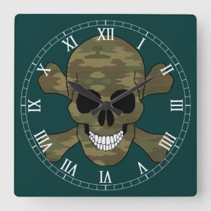 Camouflage Skull en Crossbone Roman Numeral Clock Vierkante Klok