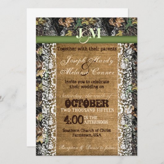Camouflage Uitnodiging Burlap & Lace (Voorkant / Achterkant)
