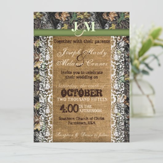 Camouflage Uitnodiging Burlap & Lace (Staand voorkant)