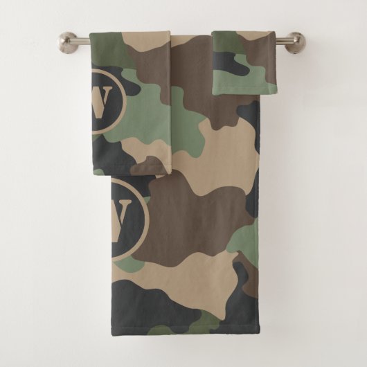 Camouflage Woodland Camo Khaki Tan Black Monogram Bad Handdoek (Insitu)
