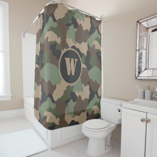 Camouflage Woodland Camo Khaki Tan Black Monogram Douchegordijn (In situ)