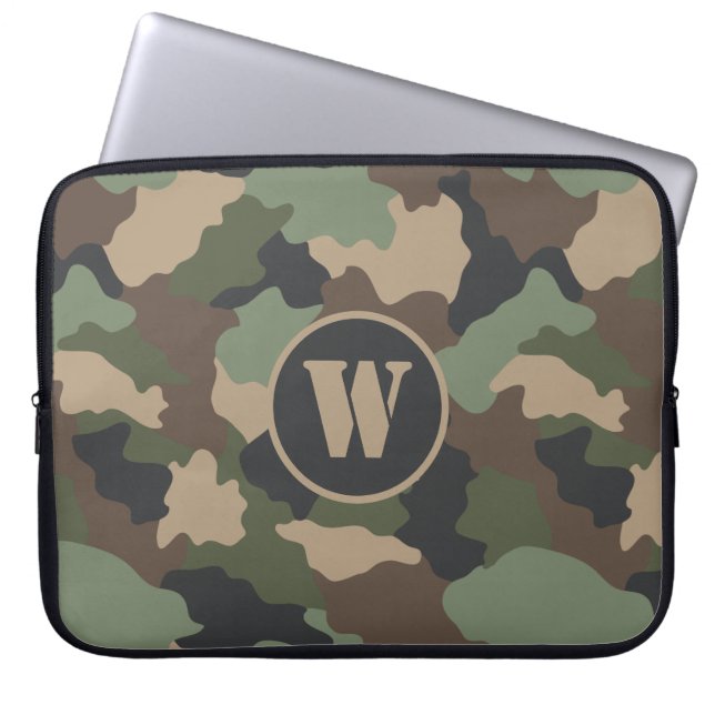 Camouflage Woodland Camo Khaki Tan Black Monogram Laptop Sleeve (Voorkant)