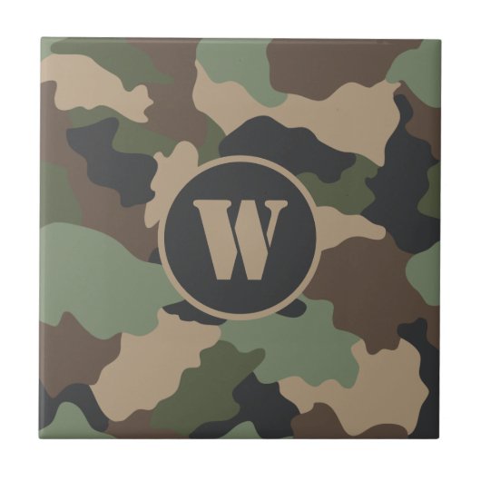 Camouflage Woodland Camo Khaki Tan Black Monogram Tegeltje (Voorkant)