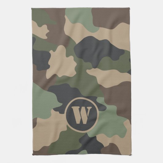 Camouflage Woodland Camo Khaki Tan Black Monogram Theedoek (Verticaal)