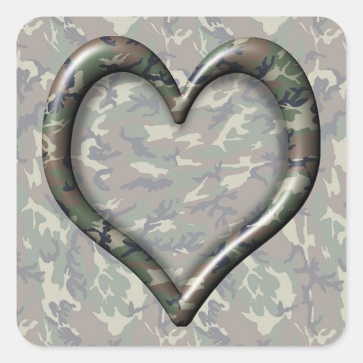 Camouflage Woodland Forest Heart op Camo Vierkante Sticker (Voorkant)
