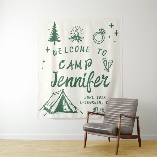 Camp Bachelorette Camping Welkom Groene Hand getro Wandkleed (In situ)