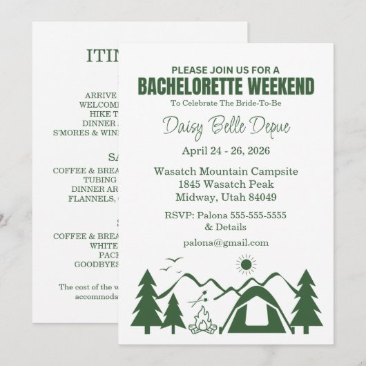 Camp Bachelorette Green Weekend Uitnodiging (Voorkant / Achterkant)