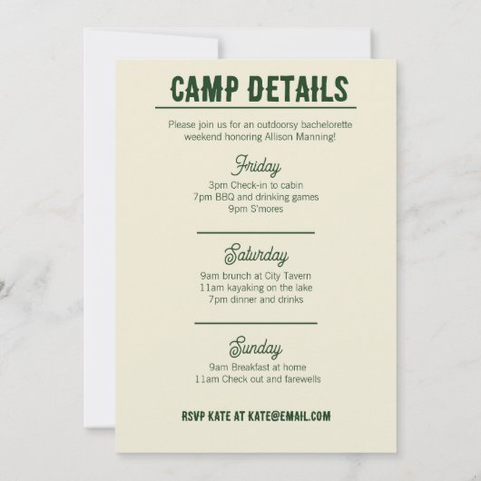 Camp Bachelorette Groene Wimpel Uitnodiging (Achterkant)