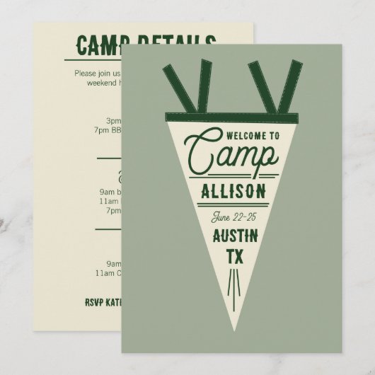 Camp Bachelorette Groene Wimpel Uitnodiging (Voorkant / Achterkant)