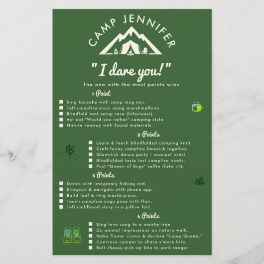 Camp Bachelorette Party Spel Durf Bos Groen Flyer (Voorkant)