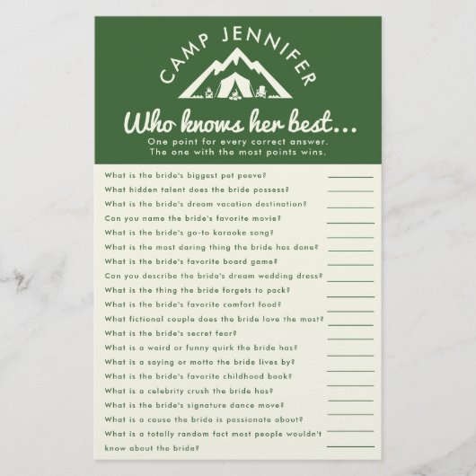 Camp Bachelorette Party Spel Wie Haar Groen Kent Flyer (Voorkant)