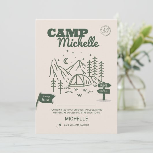 Camp Bachelorette Uitnodiging en route (Staand voorkant)