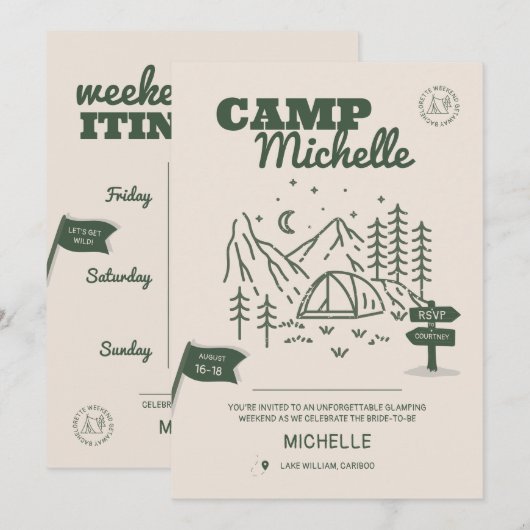 Camp Bachelorette Uitnodiging en route (Voorkant / Achterkant)
