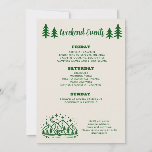 CAMP BACHELORETTE WEEKEND Uitnodiging (Achterkant)