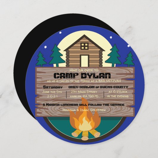 CAMP Bat Mitzvah Bar Mitzvah RONDE Uitnodiging (Voorkant / Achterkant)