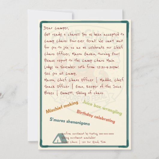 Camp Chaos: Voor altijd wild 4de verjaardagsuitnod Kaart (Voorkant)