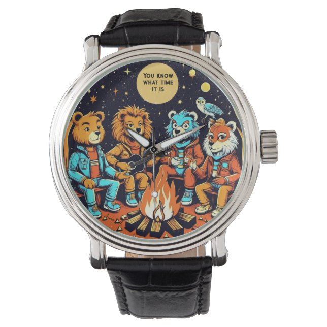 Camp Fire Watch - Retro Dieren Zingen een lange Horloge (Voorkant)