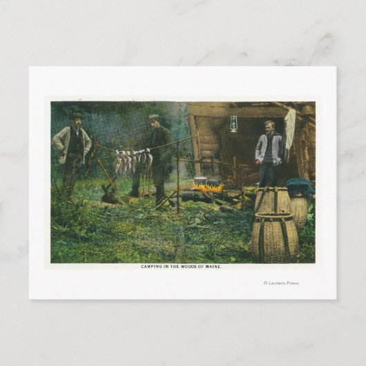 Camp Ground Scene of Mannen Camping in Maine Briefkaart (Voorkant)