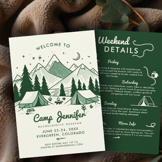 Camp Itinerary Green Camping Bachelorette Party Kaart