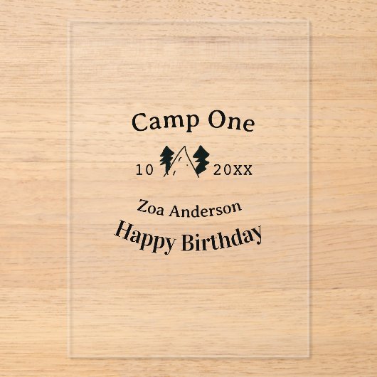 Camp one happy birthday name date campingadventure acryl uitnodigingen (Voorkant)